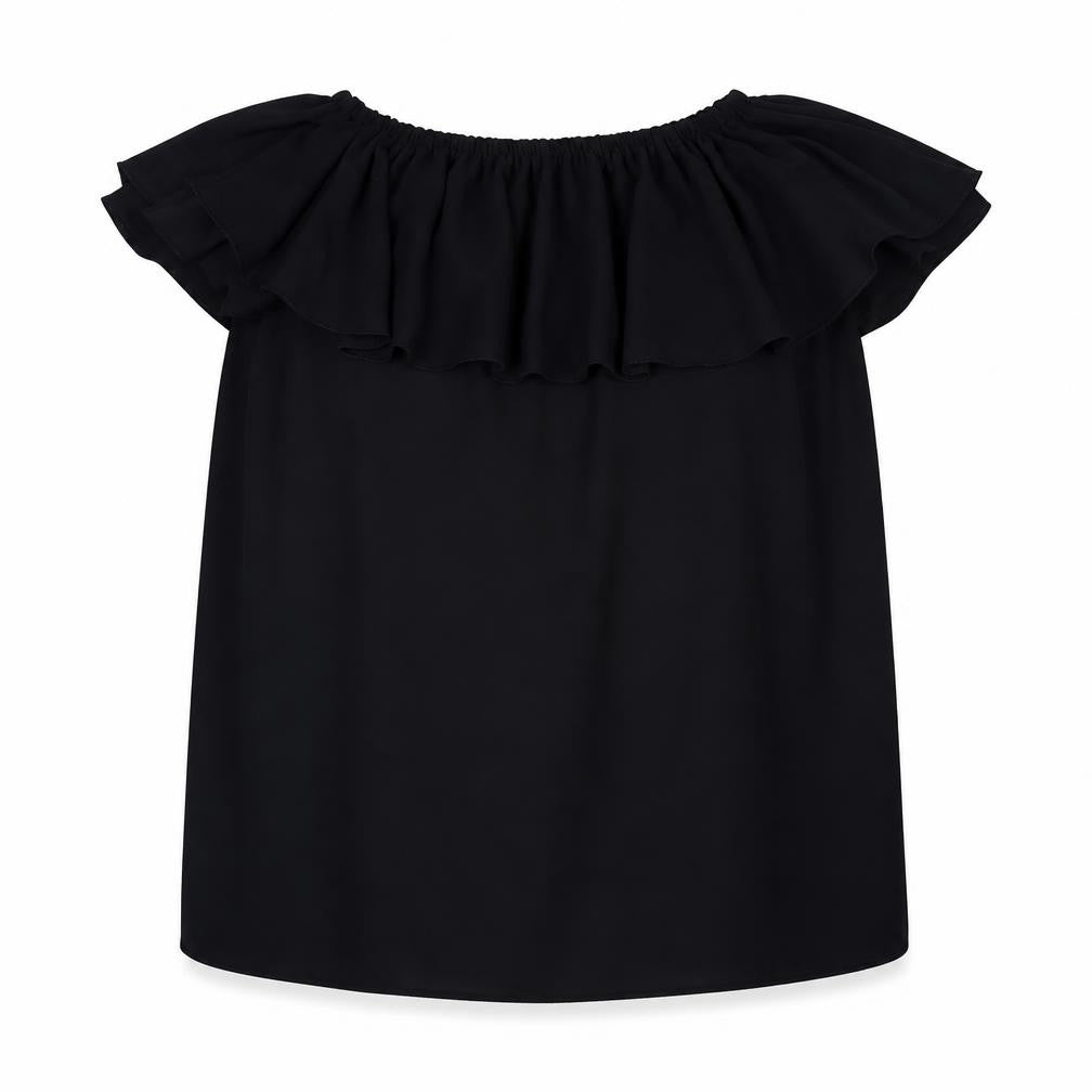 Front view of Queenie London women’s black polyester basic blouse, size M, off the shoulder -, size M-l