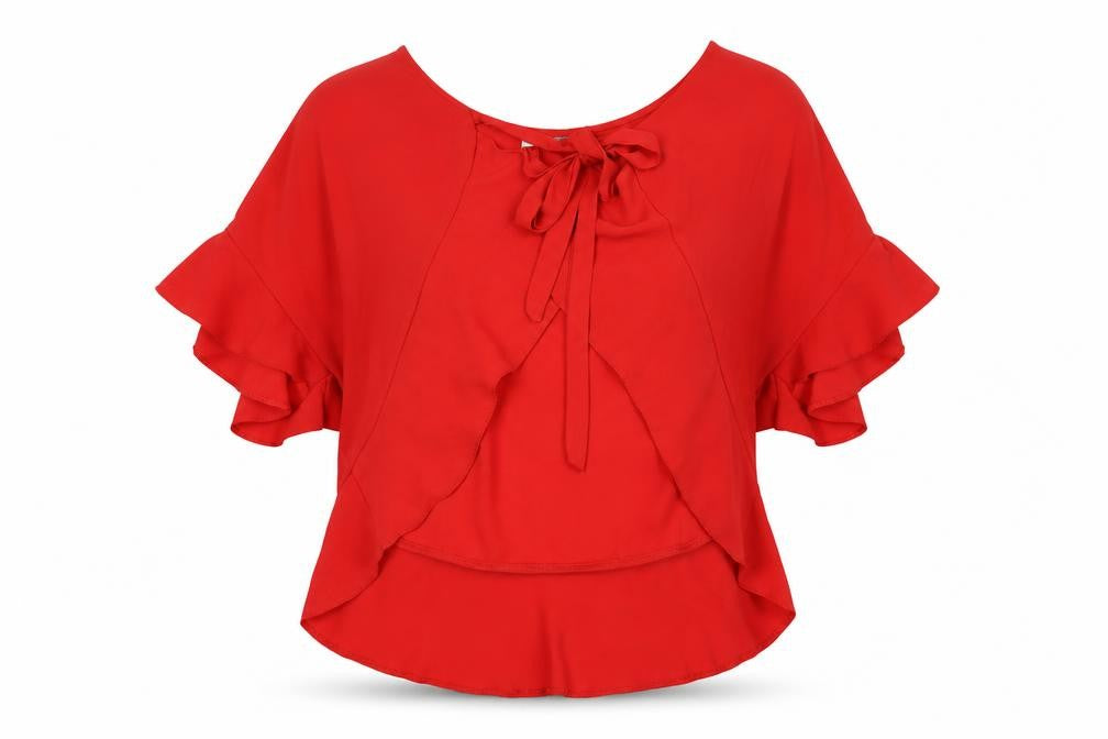 Front view of ASOS women’s red polyester basic blouse, size UK 8, v-neck