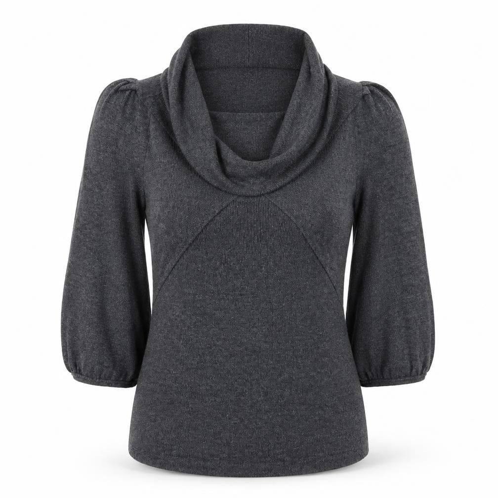 Front view of Topshop women’s grey viscose jersey blouse, size UK 10, roll neck