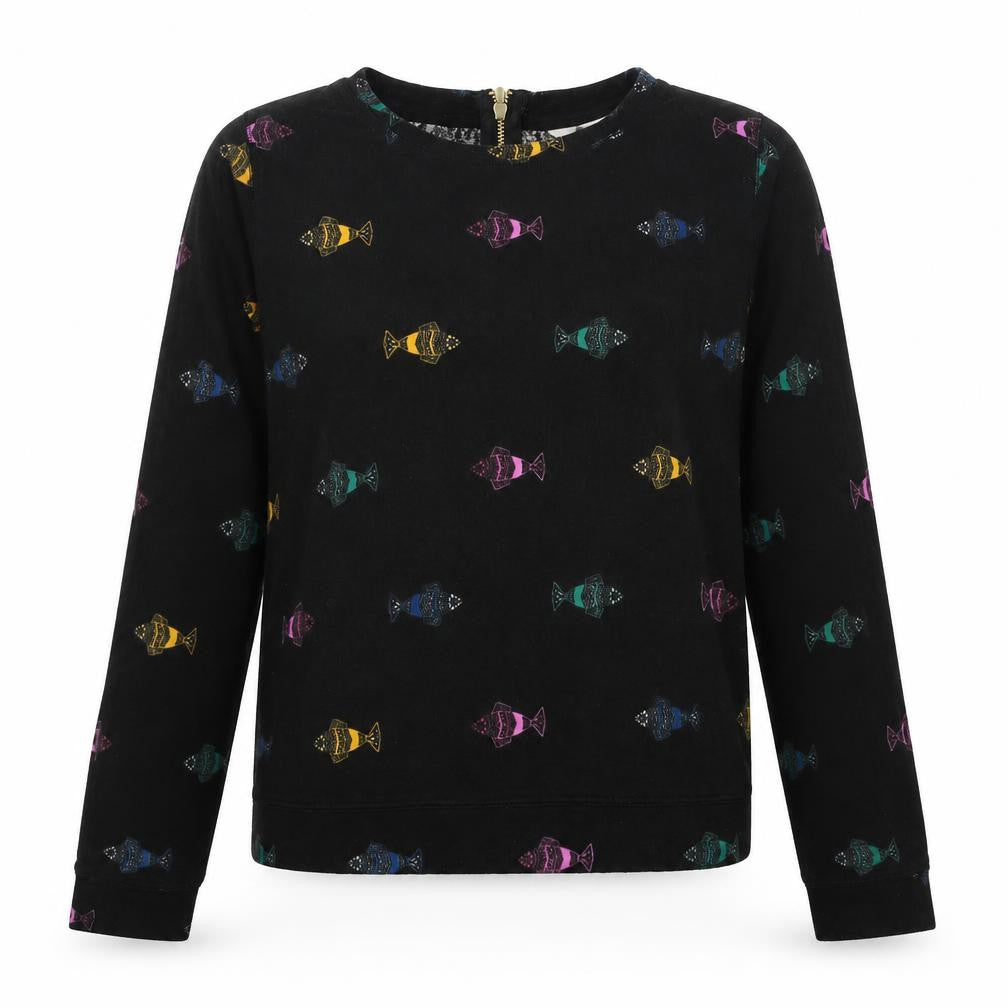 Front view of H&M women’s black geometric polyester pullover sweatshirt, size S, zip - fish print