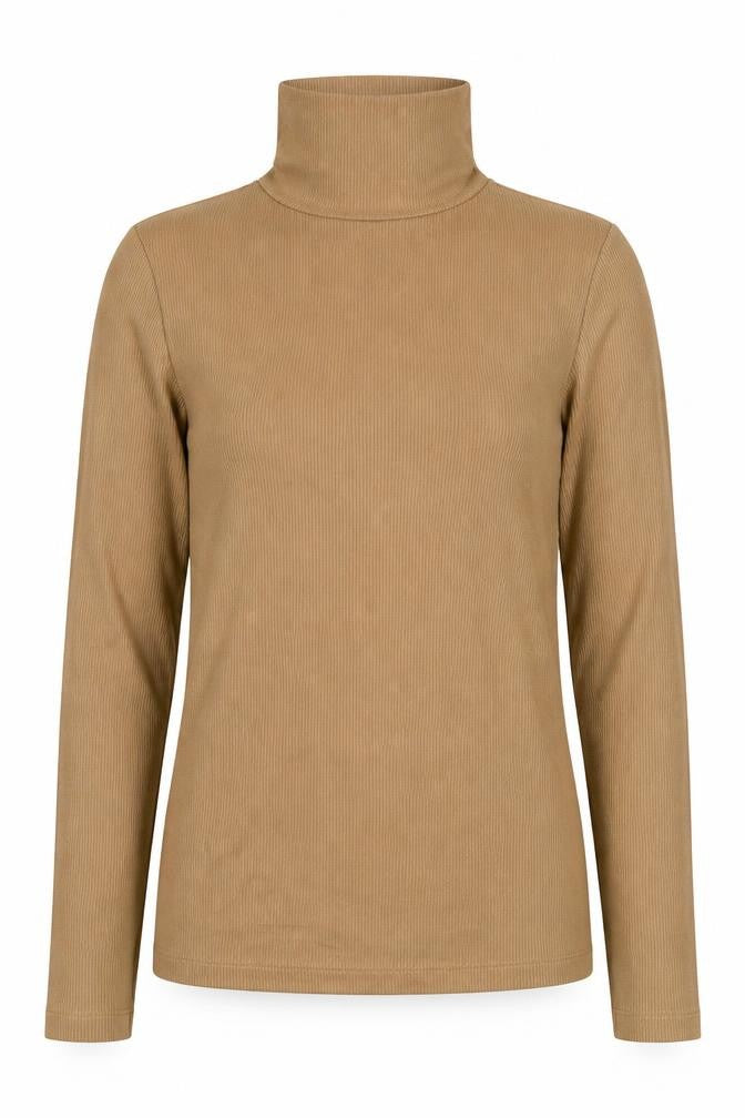 Front view of Peacocks women’s brown high neck viscose jumper, size UK 10, - ribbed