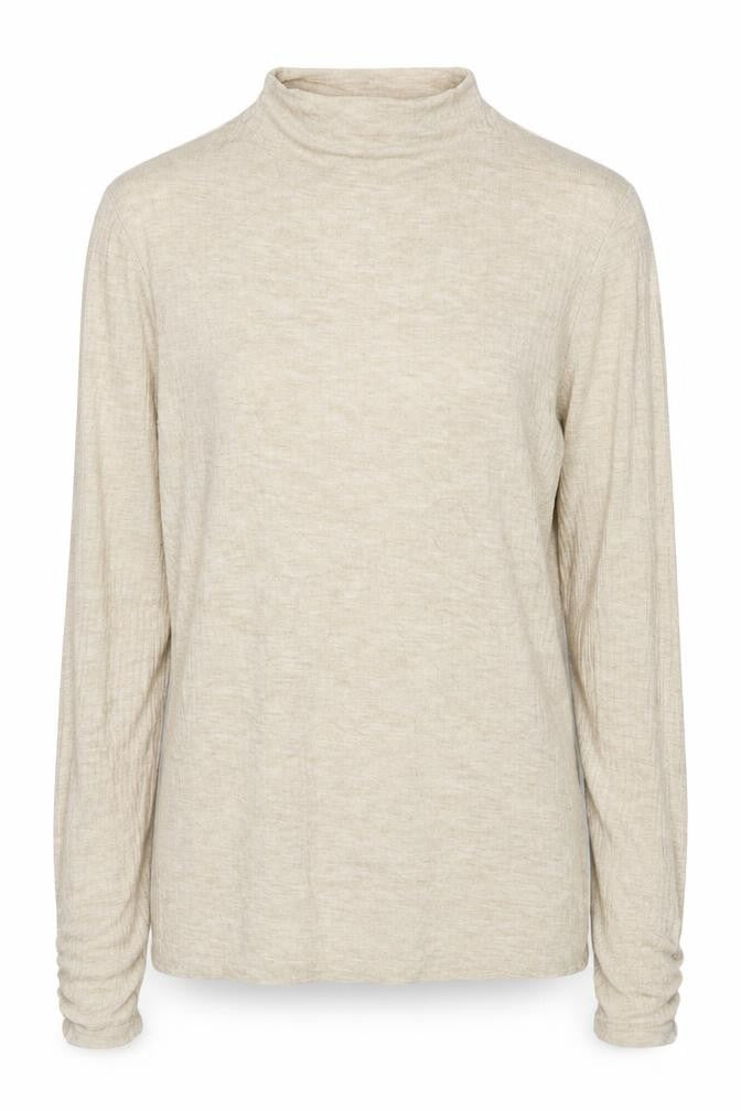 Front view of River Island women’s beige mock neck polyester jumper, size UK 10, - ribbed