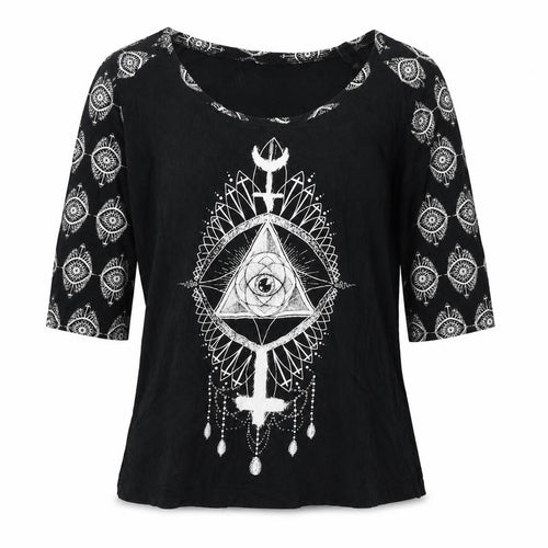 Goticana Womens Black Geometric Cotton Basic Blouse Size S Scoop Neck - Triangle Eye Cross