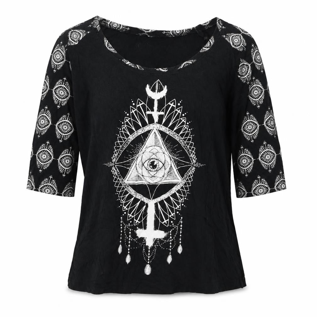 Goticana Womens Black Geometric Cotton Basic Blouse Size S Scoop Neck - Triangle Eye Cross