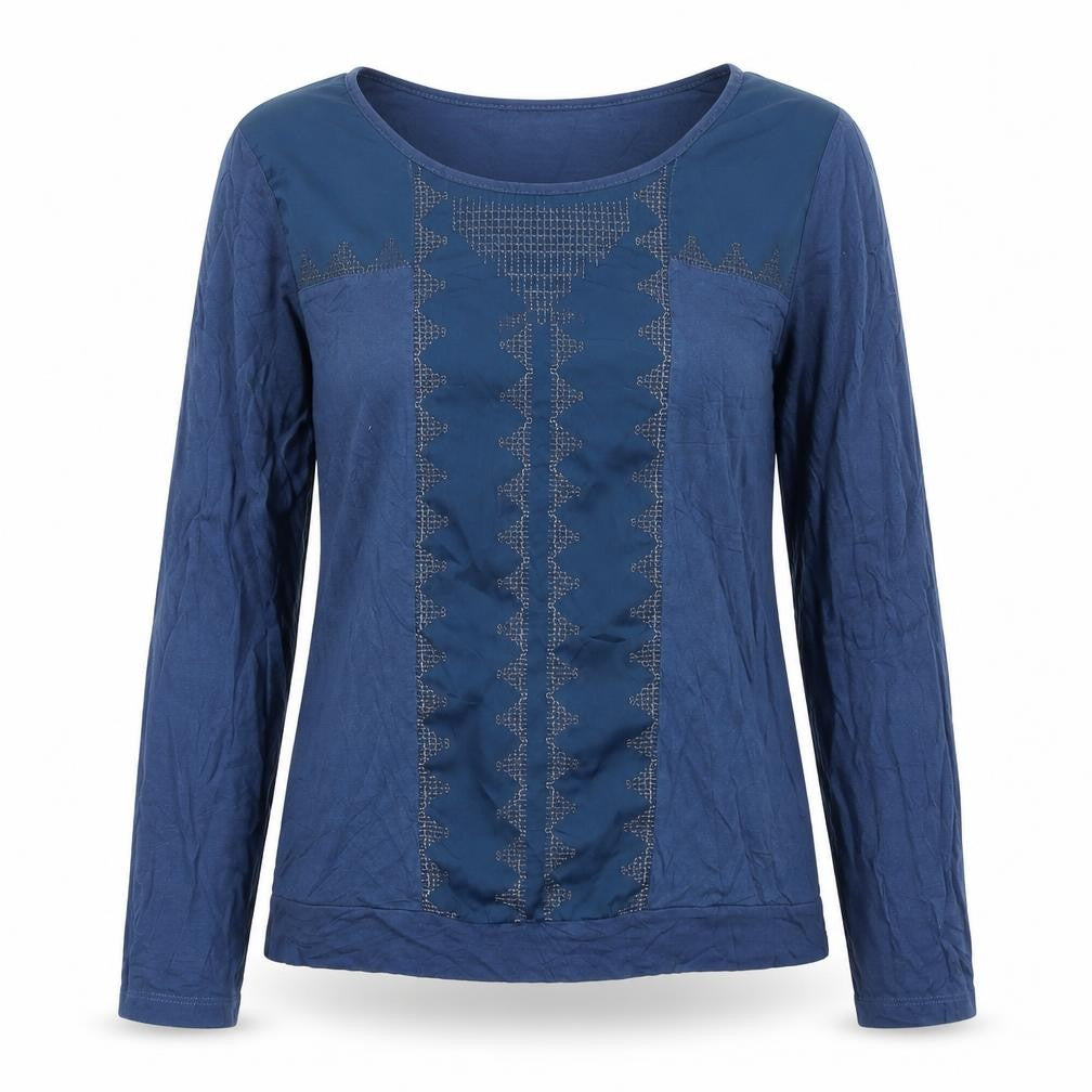 Front view of ORSAY women’s blue geometric viscose basic blouse, size M, scoop neck
