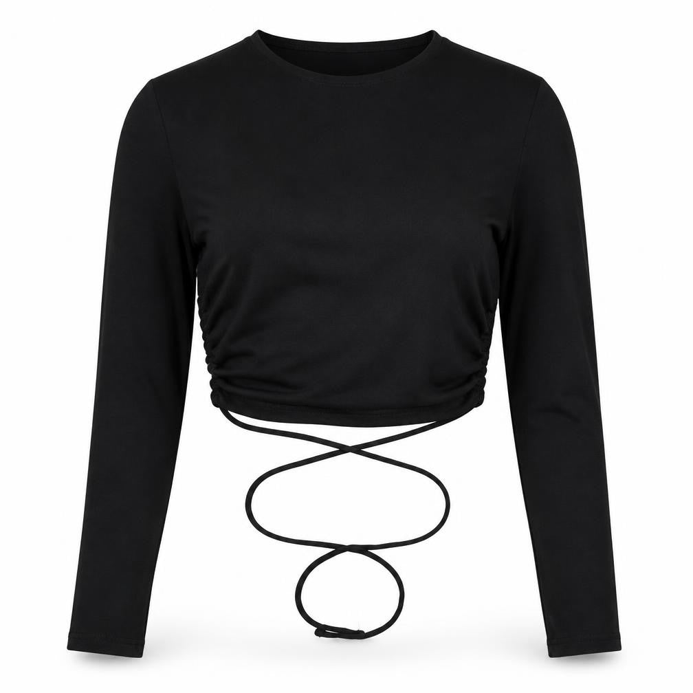 Front view of ASOS women’s black cotton cropped blouse, size UK 8, round neck
