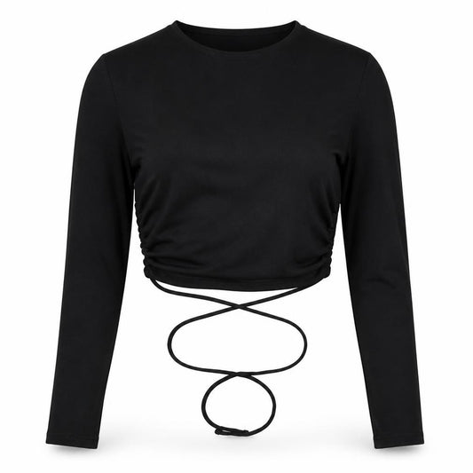 Front view of ASOS women’s black cotton cropped blouse, size UK 8, round neck