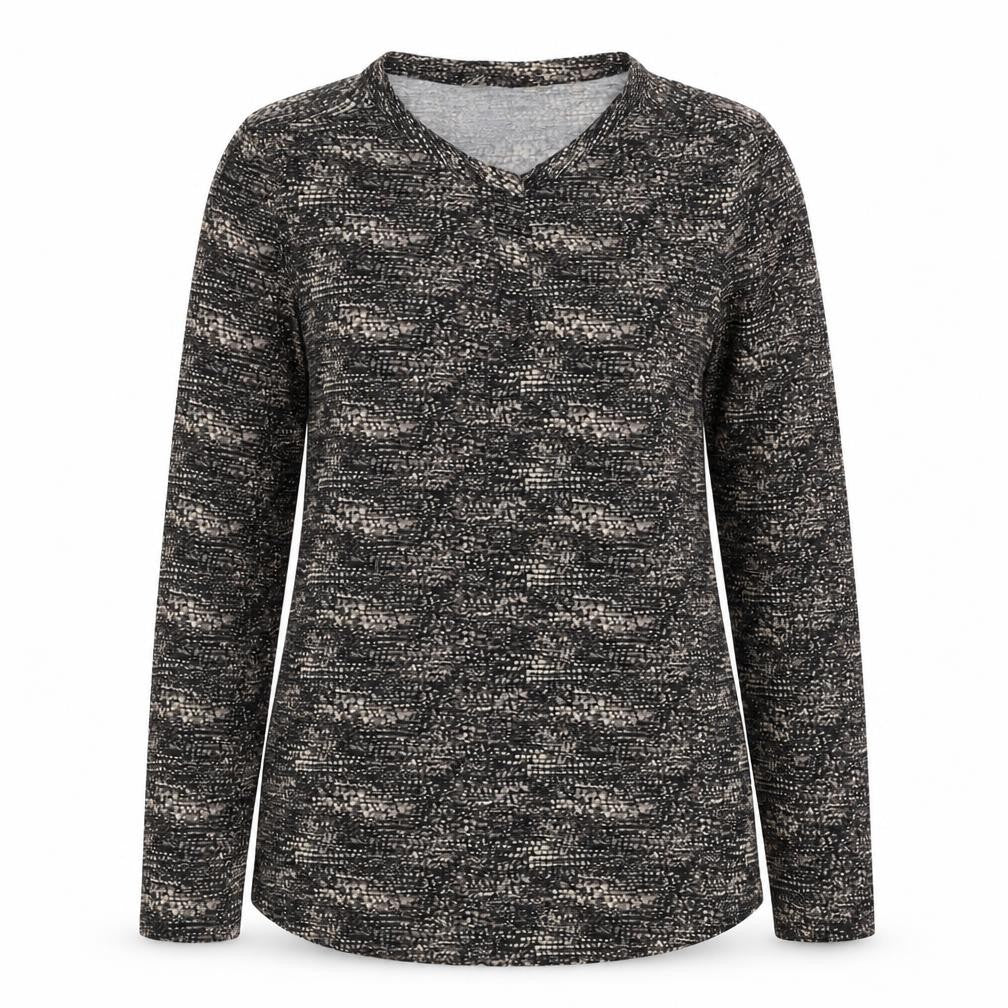 Front view of Skopes women’s brown geometric viscose basic t-shirt, size UK 10, round neck