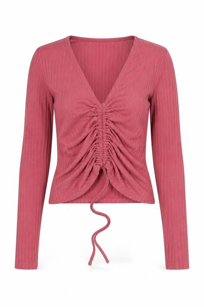 Front view of New Look women’s pink polyester cropped blouse, size UK 6, v-neck