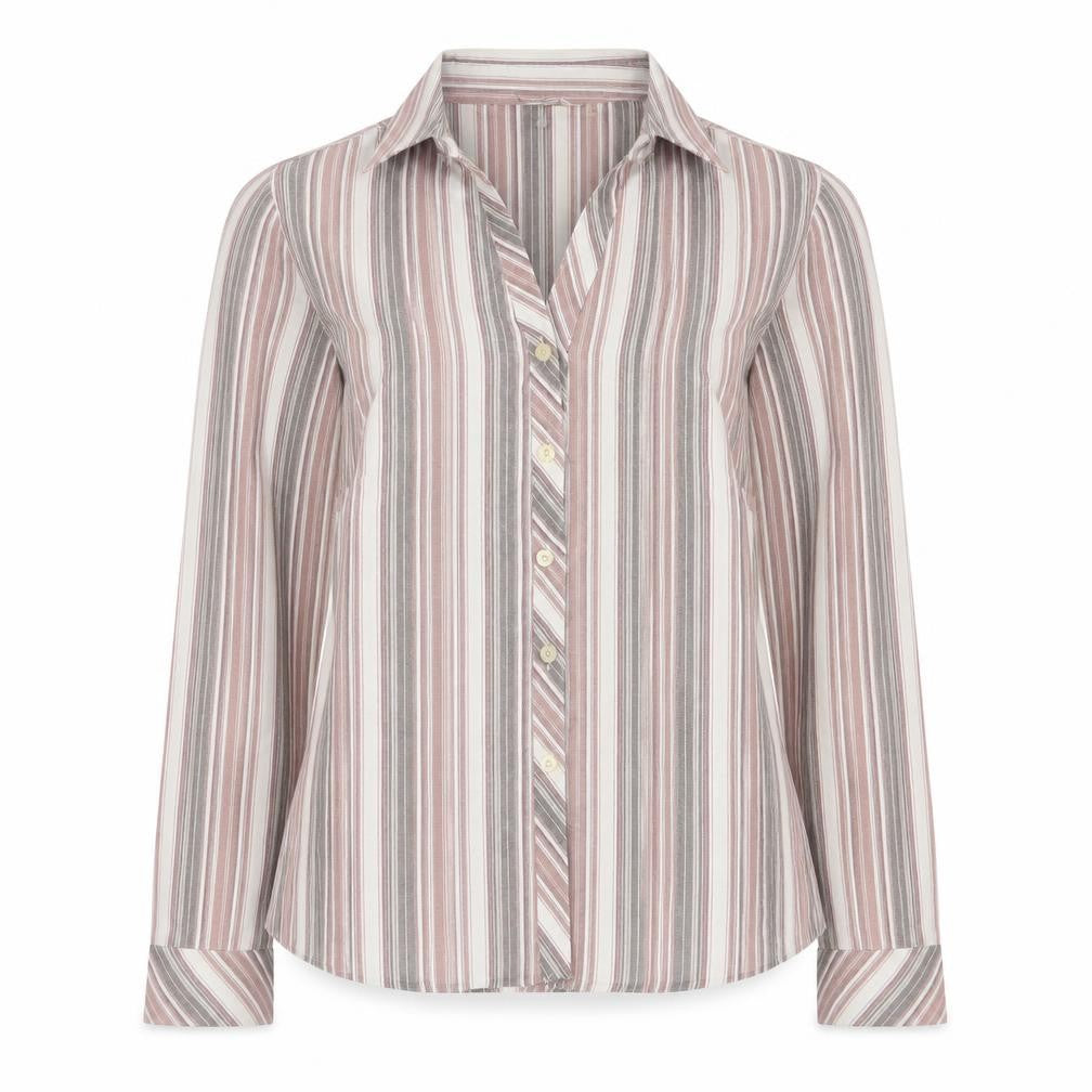 Front view of EWM women’s multicoloured striped polyester basic button-up, size UK 10, v-neck