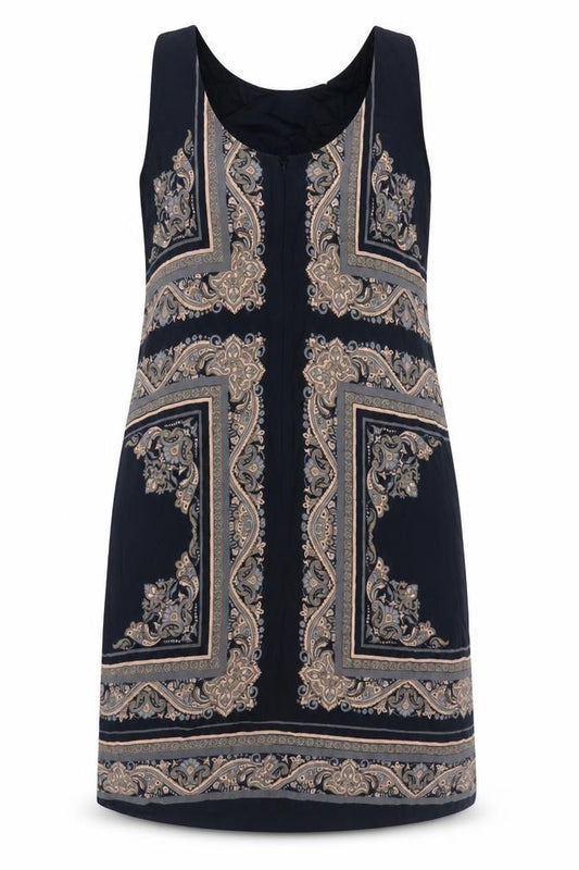 Front view of Monsoon women’s black geometric polyester tank dress, size UK 12, round neck zip