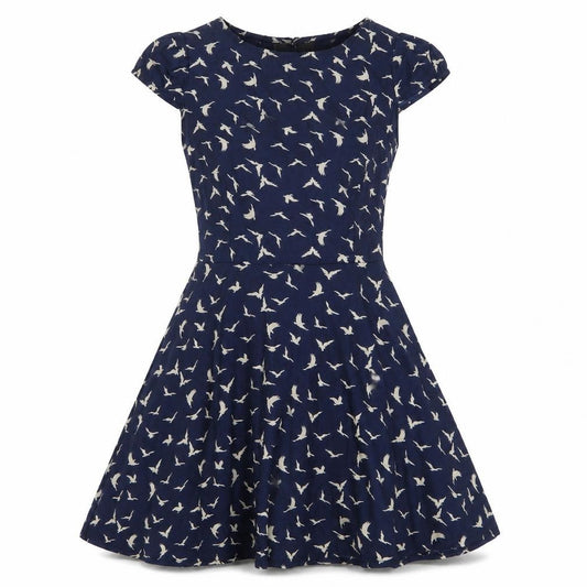 Front view of Amber Kristal women’s blue geometric patent leather fit & flare, size S, round neck pullover - bird print