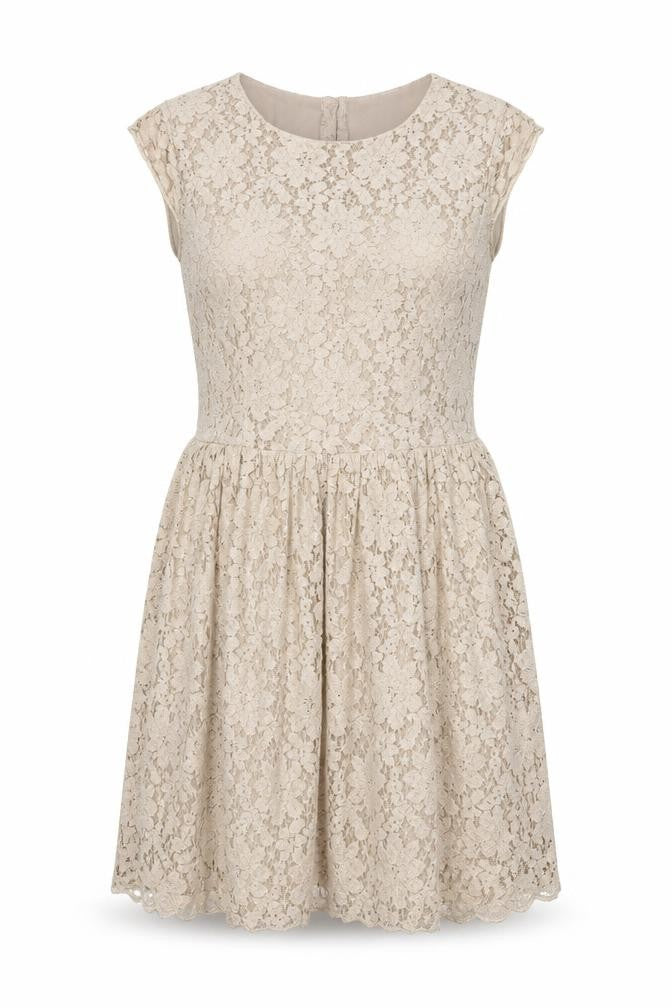 Front view of H&M women’s beige viscose fit & flare, size UK 12, round neck pullover