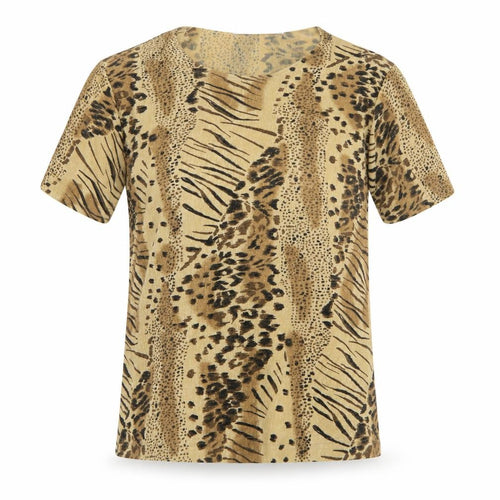 Pure & Natural Womens Brown Animal Print Polyester Basic T-Shirt Size 10 Round Neck - Leopard Tiger Print
