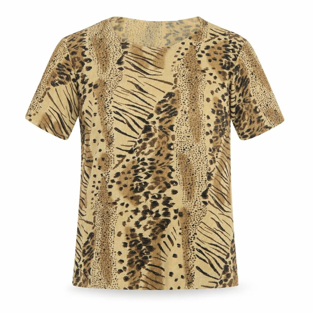 Pure & Natural Womens Brown Animal Print Polyester Basic T-Shirt Size 10 Round Neck - Leopard Tiger Print