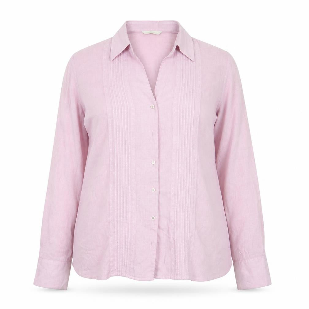 Front view of Marks & Spencer women’s pink viscose basic button-up, size UK 12, v-neck