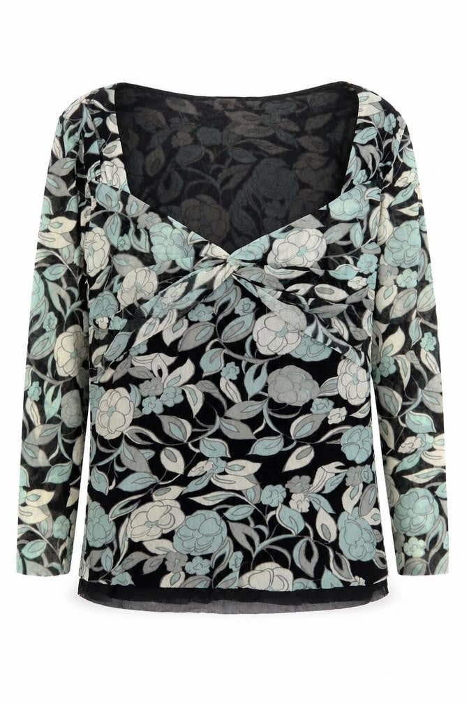 Front view of Preworn women’s green floral nylon basic blouse, size M, v-neck