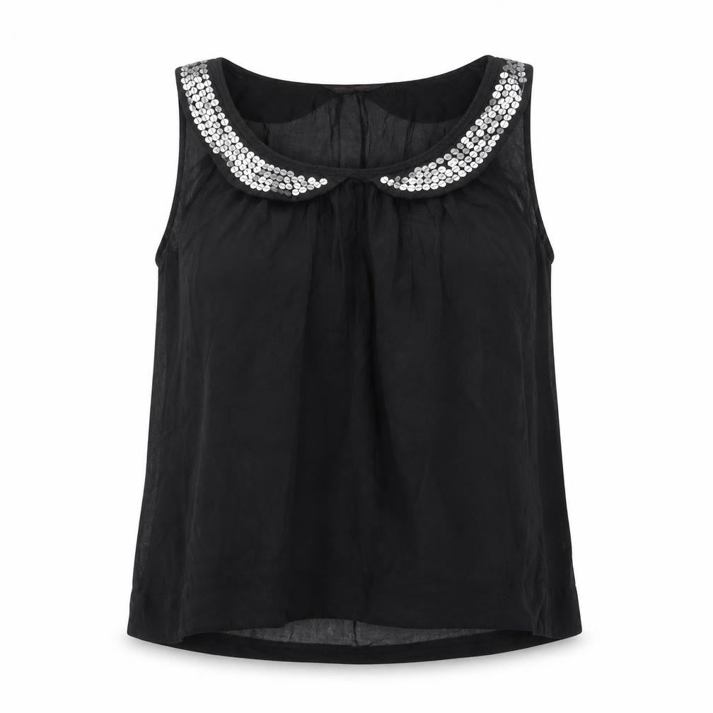 Front view of Miss Selfridge women’s black 100% cotton basic blouse, size UK 10, scoop neck