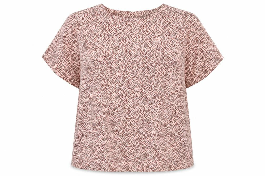 Front view of Debenhams women’s red geometric polyester basic blouse, size UK 16, boat neck