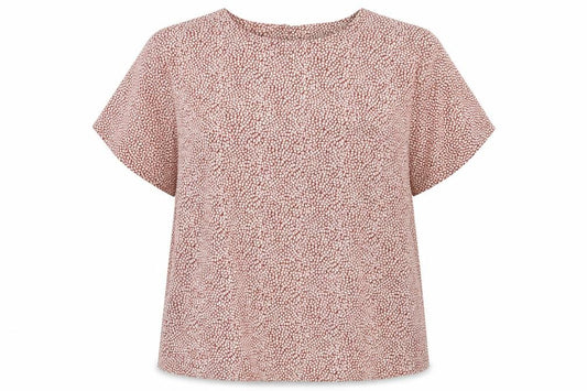 Front view of Debenhams women’s red geometric polyester basic blouse, size UK 16, boat neck