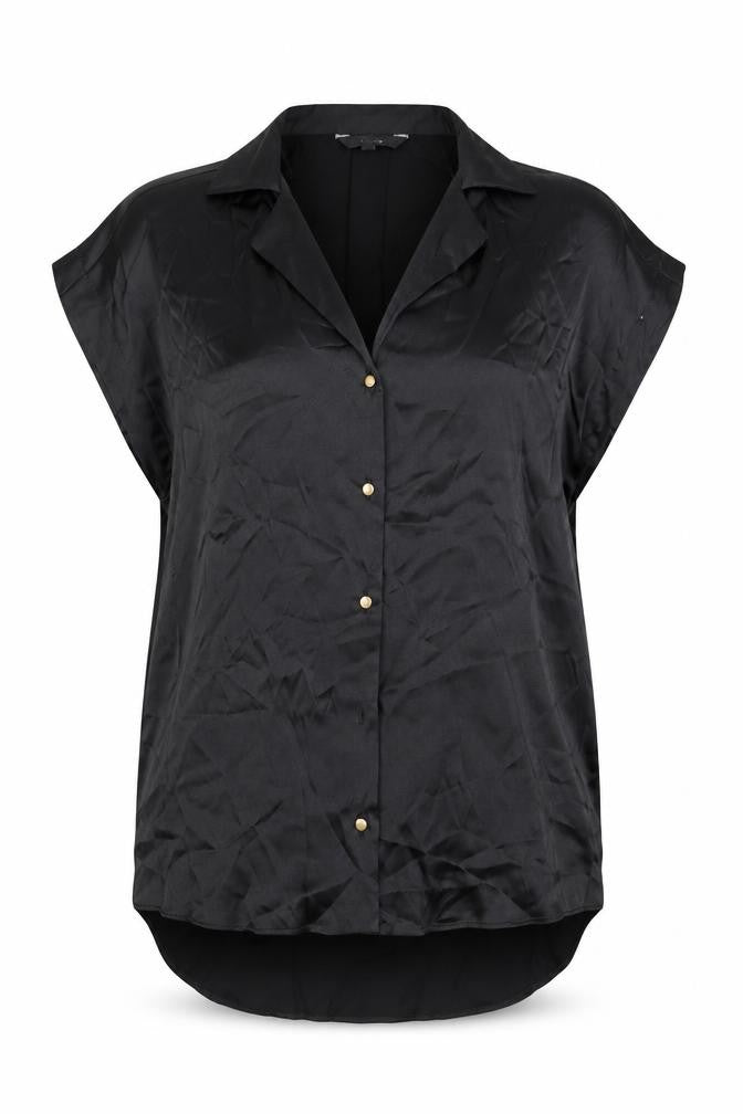 Front view of Next women’s black viscose basic button-up, size UK 6, collared