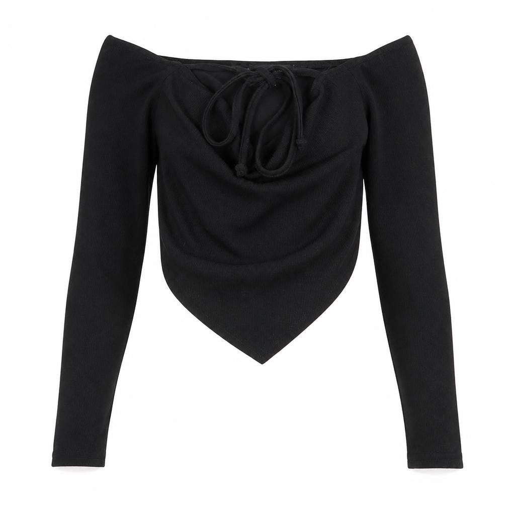 Front view of PRETTYLITTLETHING women’s black polyester cropped blouse, size UK 6, v-neck - asymmetric
