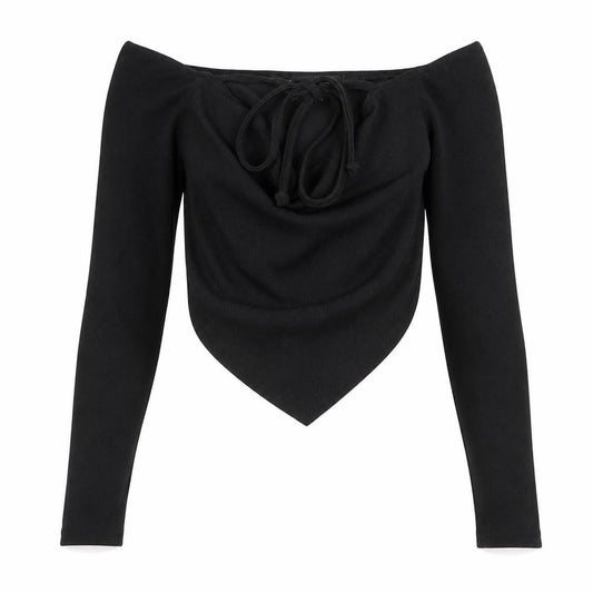 Front view of PRETTYLITTLETHING women’s black polyester cropped blouse, size UK 6, v-neck - asymmetric