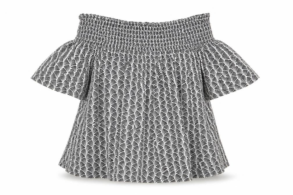 Front view of H&M women’s white geometric viscose basic blouse, size S, off the shoulder
