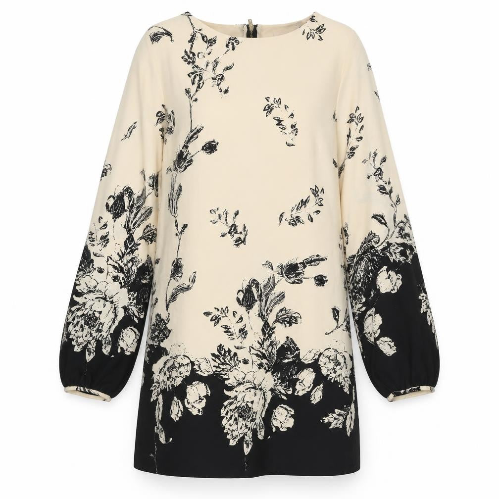 Front view of Forever 21 women’s beige floral polyester a-line, size S, round neck zip
