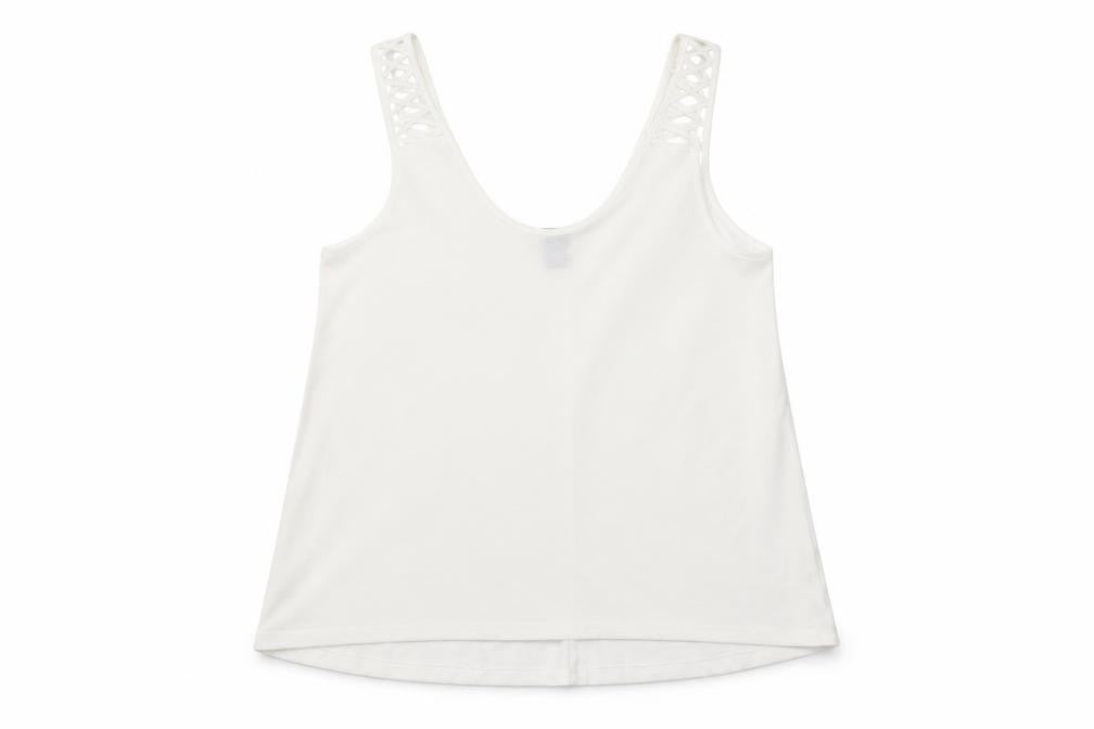 Front view of H&M women’s white polyester jersey tank, size S, round neck