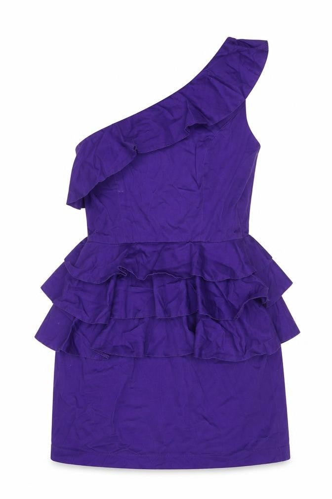 Front view of New Look women’s purple polyester mini, size UK 10, one shoulder zip