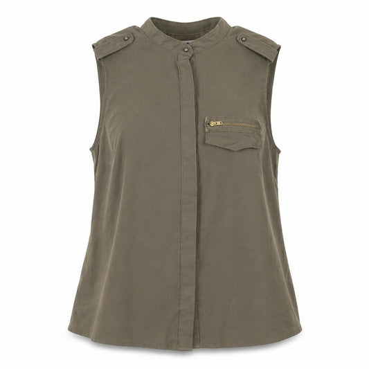 Front view of Vero Moda women’s green polyester basic button-up, size S, mock neck
