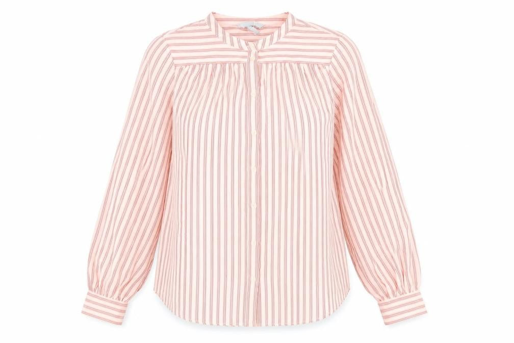 Front view of H&M women’s red striped polyester basic button-up, size UK 8, crew neck