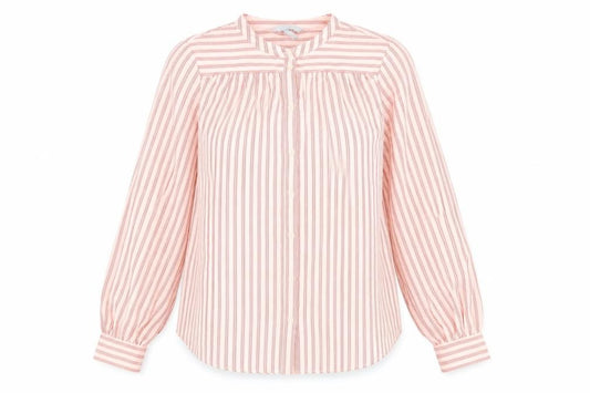 Front view of H&M women’s red striped polyester basic button-up, size UK 8, crew neck