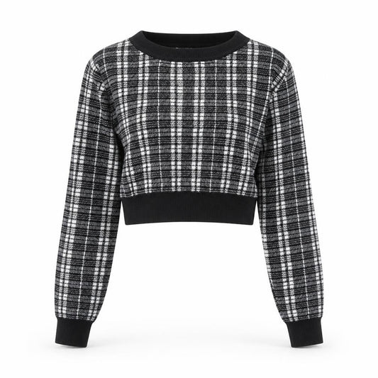 Front view of Primark women’s black crew neck plaid acrylic jumper, size XS, -, size UK 6-8