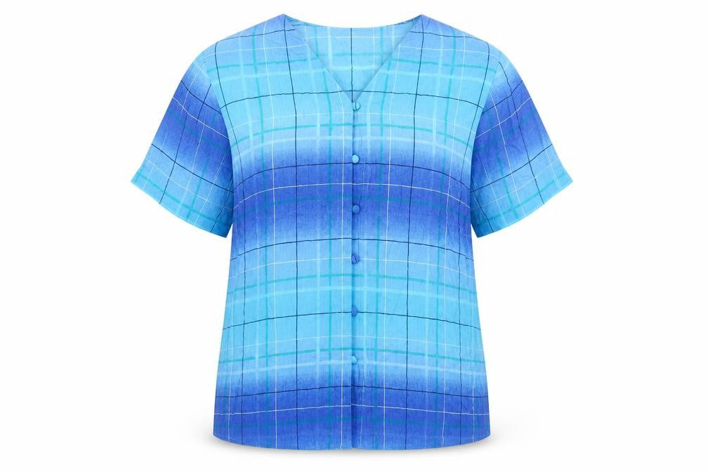 Front view of Berkertex women’s blue viscose basic button-up, size UK 14, v-neck