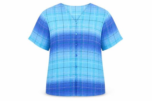 Front view of Berkertex women’s blue viscose basic button-up, size UK 14, v-neck