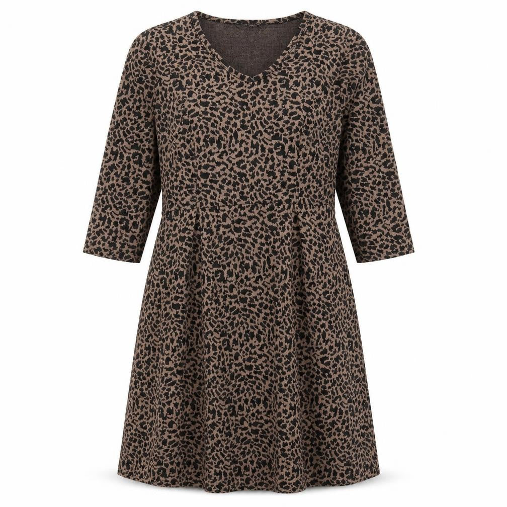 Front view of Collection London women’s brown animal print polyester a-line, size UK 14, v-neck pullover