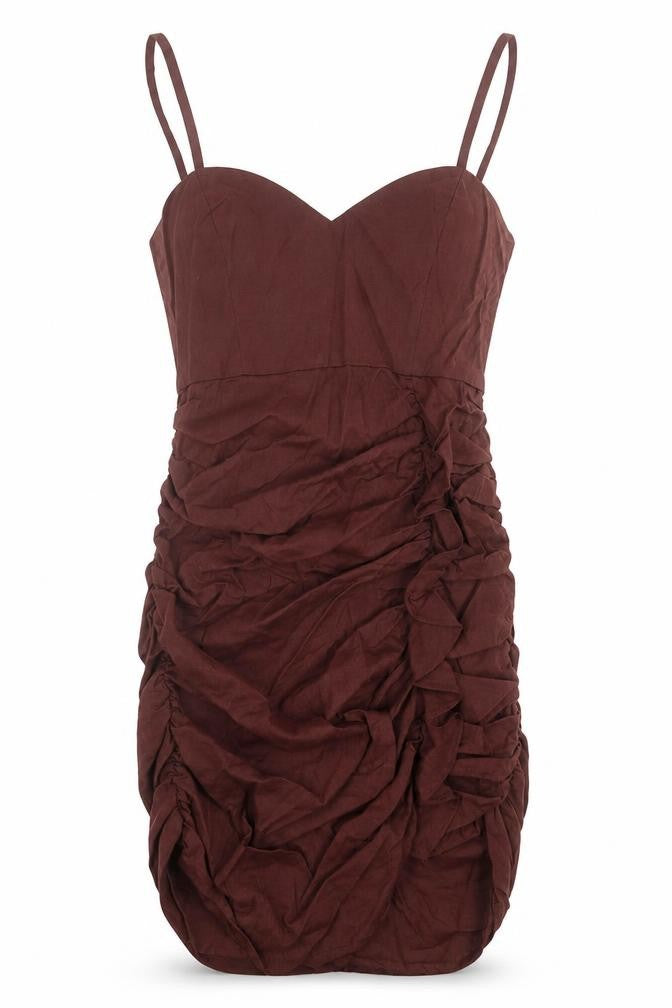 Front view of Zara women’s brown viscose bodycon, size S, v-neck zip