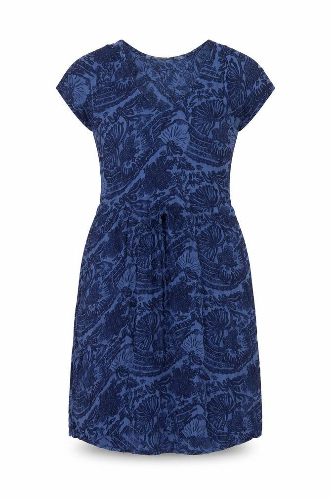 Front view of H&M women’s blue geometric viscose a-line, size UK 8, v-neck pullover