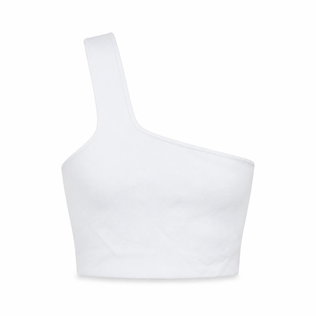 Front view of Zara women’s white viscose cropped tank, size S, one shoulder