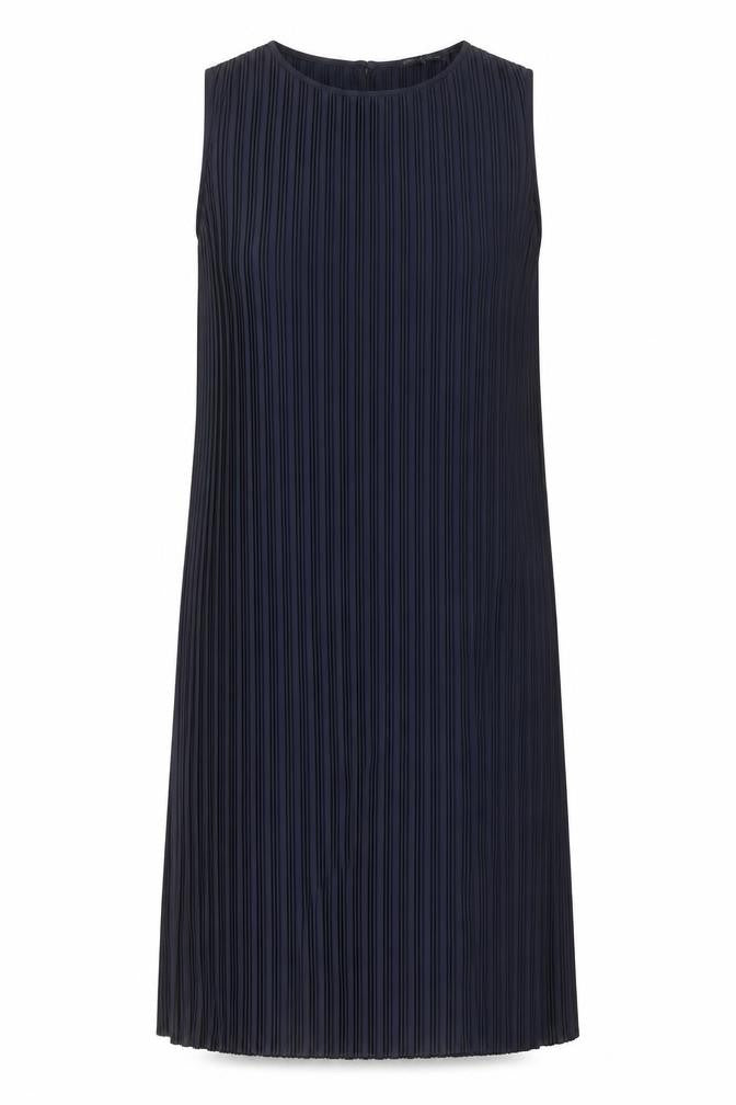 Front view of Marks & Spencer women’s blue polyester a-line, size UK 12, crew neck button