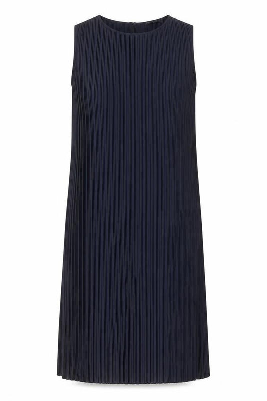 Front view of Marks & Spencer women’s blue polyester a-line, size UK 12, crew neck button