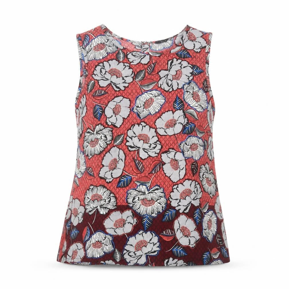 Front view of New Look women’s pink floral polyester basic tank, size UK 10, boat neck