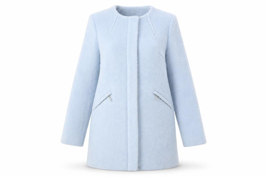Front view of Marks & Spencer women’s blue overcoat coat, size UK 12, zip