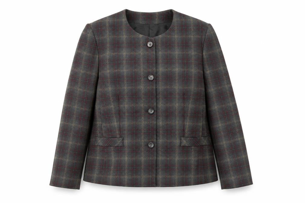 Front view of Holmewood women’s grey plaid jacket blazer, size UK 16, button - scoop neck