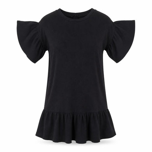 Front view of George women’s black polyester t-shirt dress, size UK 10, round neck pullover - ribbed, frill sleeves