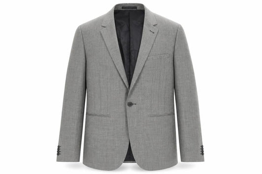 Front view of ONESIX5IVE5ive men’s grey plaid polyester jacket blazer, size 38, - pocket detail