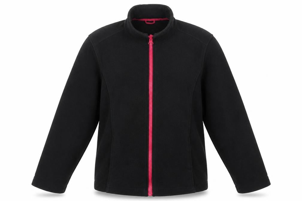 Front view of Preworn women’s black quilted jacket, size L, zip - pink zip