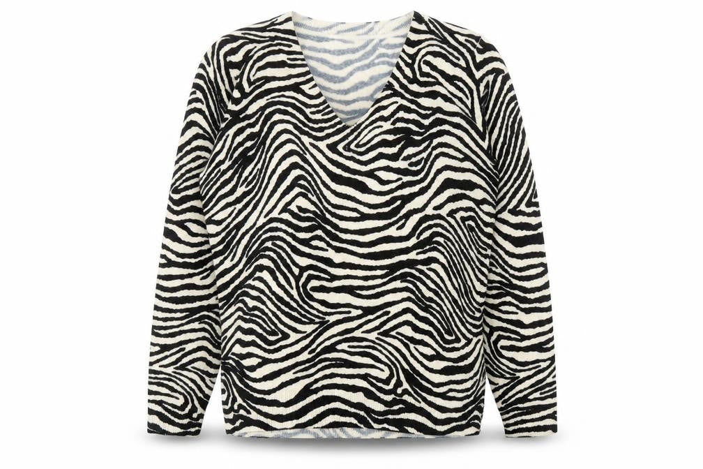 Marks and Spencer Womens Black V-Neck Animal Print Acrylic Pullover Jumper Size S - Zebra Print